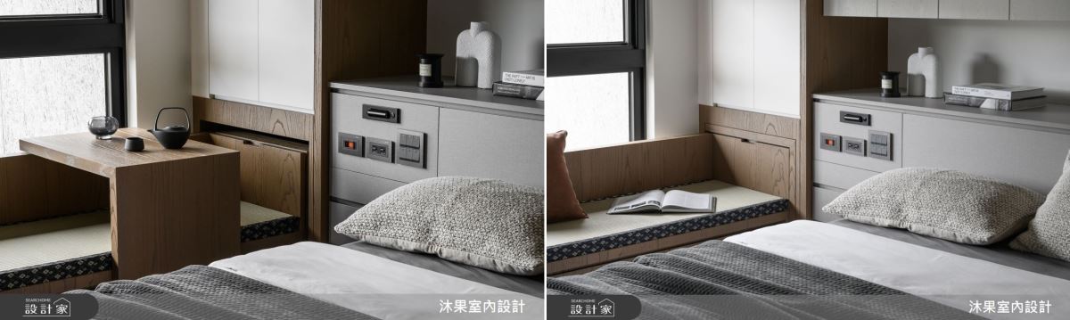 順應窗景優勢,窗邊規劃臥榻機能,同時增加垃抽桌子巧思,增加靈活性。