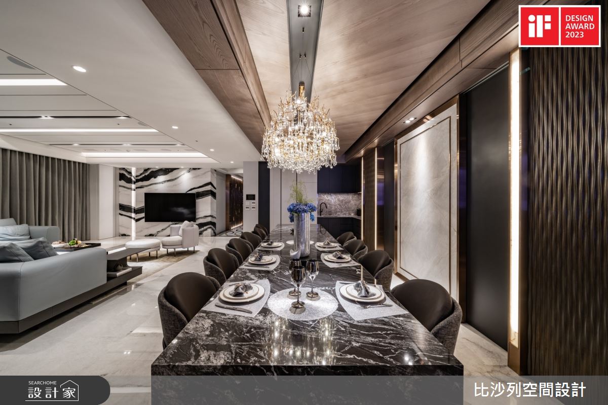 公領域的大面餐桌，以石材奠定磅礴氣勢。