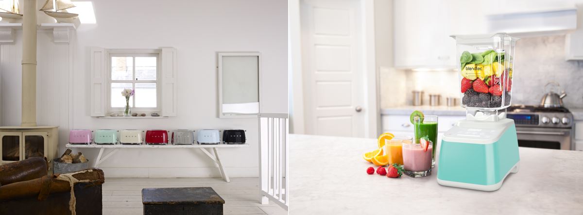 義大利 Smeg 復古烤麵包機以圓潤外型與繽紛色調深受大眾喜愛 (左圖),美國 Blendtec 全球最高效能食物調理機以極致靜音與強效安全食物攪拌鈍刀為主打,家用與商用多種款式本次皆有優惠 (右圖)