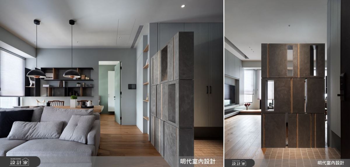 半高屏風選用樂土與刨斜面健康樺木合板,擬態書籍文本放置於書架上的樣貌,不僅打造若隱若顯的視覺效果,一入門便能感受到雋永深刻的人文氣息。