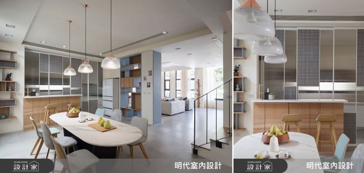 吧台處增設彈性拉門,選用木皮、布紋板及長虹玻璃等建材,塑造彈性多元的使用方式,更形成油煙產生時的天然屏障。