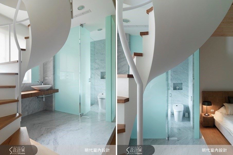 擁有雙向不透視特性的白膜玻璃,導電時可擁有極高的隱私性,平時不通電便化身清透的玻璃,不只營造開闊的視覺饗宴,也讓採光恣意遊走室中。