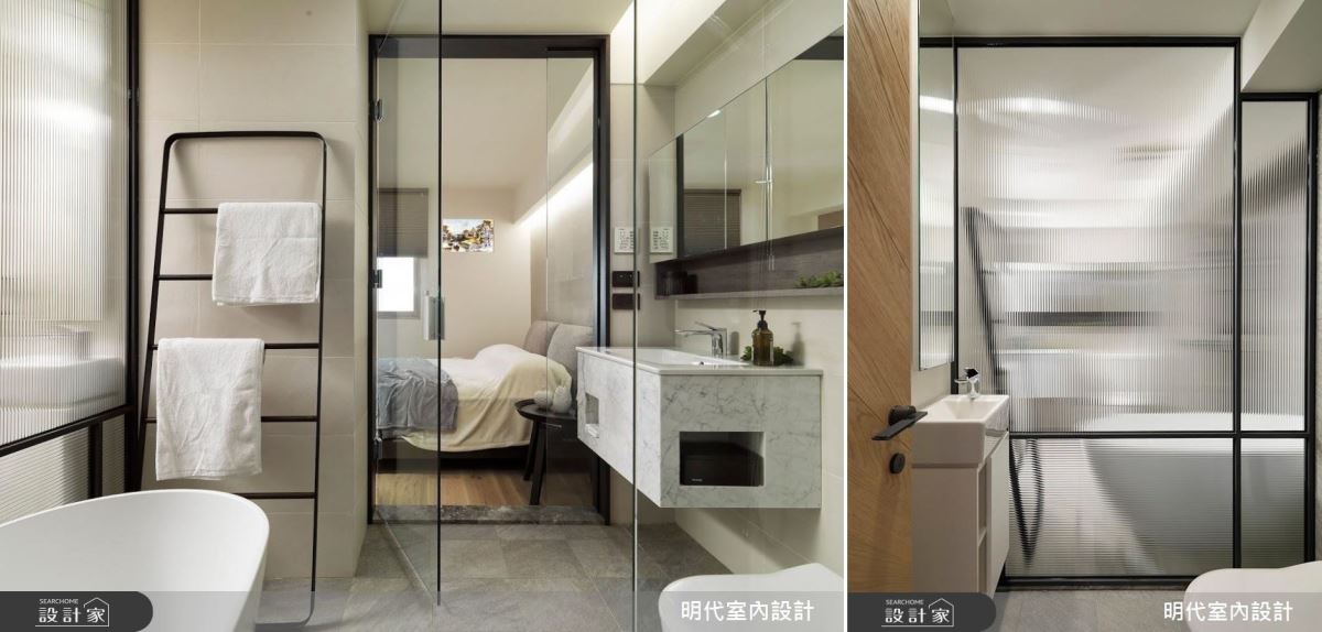 單身宅屋主對於衛浴隱私需求較低,以透光不透影的特殊玻璃明確兩衛浴空間,更克服了原先衛浴陰暗的窘況。