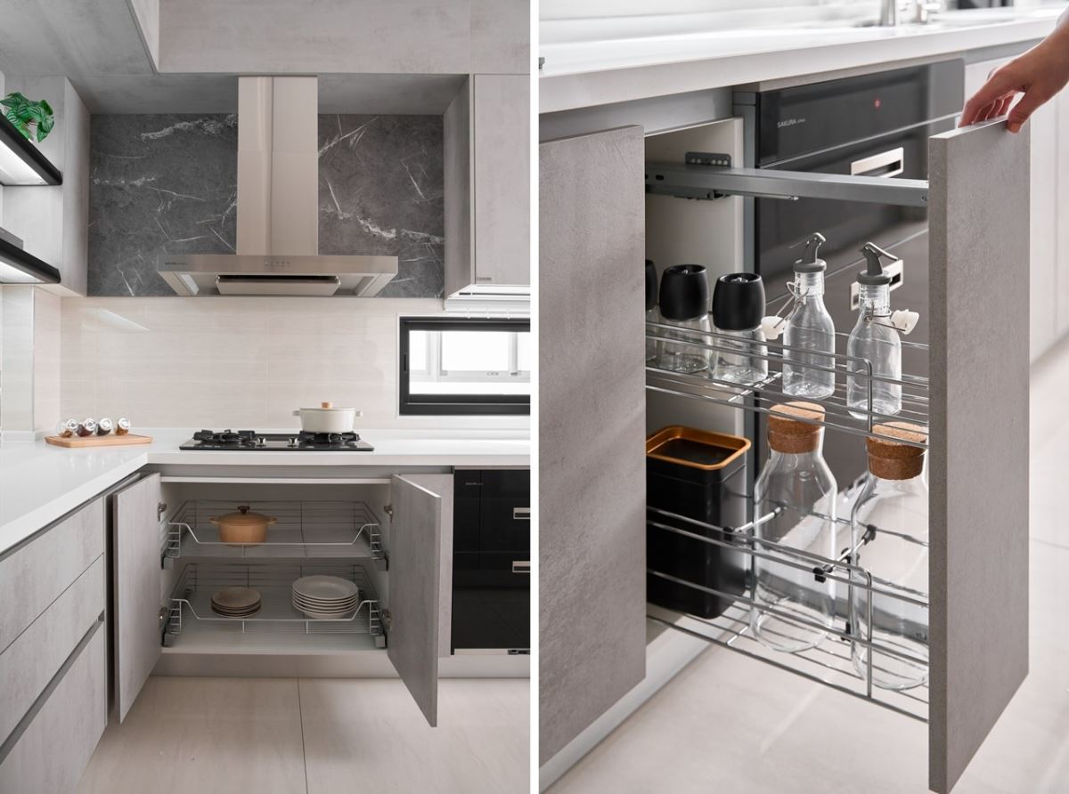 爐台下方規劃雙層不鏽鋼圍籃地櫃擺放常用鍋具以及側拉籃放置調味用品，提升使用便利性。