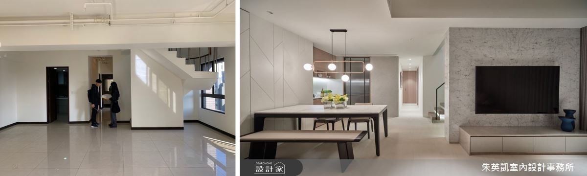 設計師將客廳調整成開放、無障礙且安全的空間設計，採用白色帶灰主要調性，塑造優雅的生活態度，在這樣開闊及中性的色調，家人間能享受放大空間及沉澱靜心的效果。