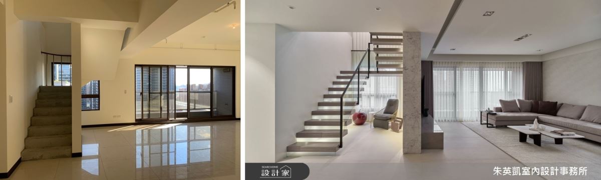 樓梯脫離原本昏暗沉重的感覺，運用鐵件、木頭包覆，做為整座樓梯的支撐基底，再以強化玻璃輔佐，讓空間更為通透，視覺上看起來更輕量化。