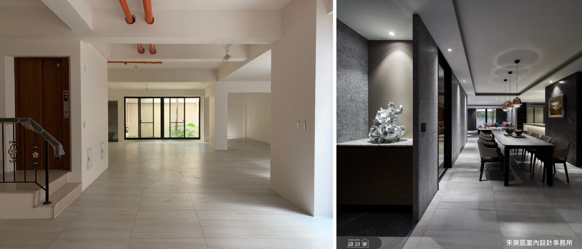 地下室擺放大餐桌於用餐區，可以一起品酒、聚餐，而在一側大面的特殊漆壁面中，隱藏著電梯的電力箱，讓空間呈現大器俐落的視覺效果。