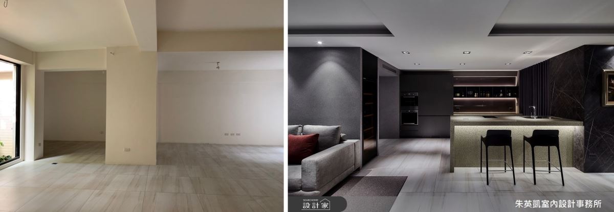 餐區後方規劃開放式吧台區，增設紅酒冰箱，提供賓客小酌空間。