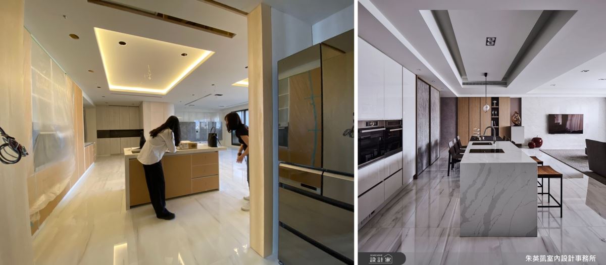 餐區的配置隨著使用習慣而調整，讓原來設置的橫向中島更改為縱向中島，再搭配長桌，不僅有了大量的座位，也呈現延伸不斷的放大感，搭配一側的餐備櫃，讓中島的實用性更高，更靈活。