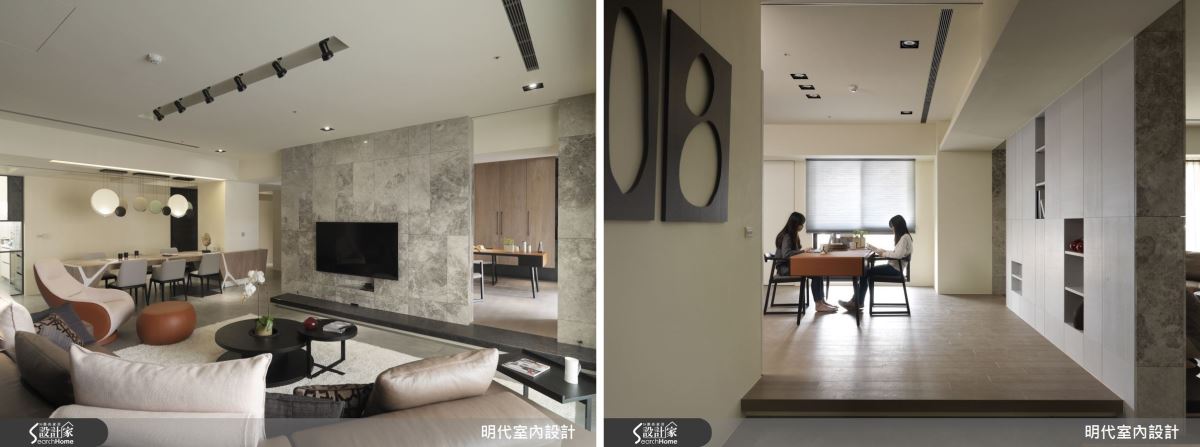 回字型動線與彈性空間相輔相成,將電視牆後方做為彈性空間,並以架高地坪創造空間層次感,即便場域開放也有機能性的區隔;而立面與牆面脫開,可形成具有回字型動線的電視牆,塑造具有開放性、明亮的隔局與動線設計。