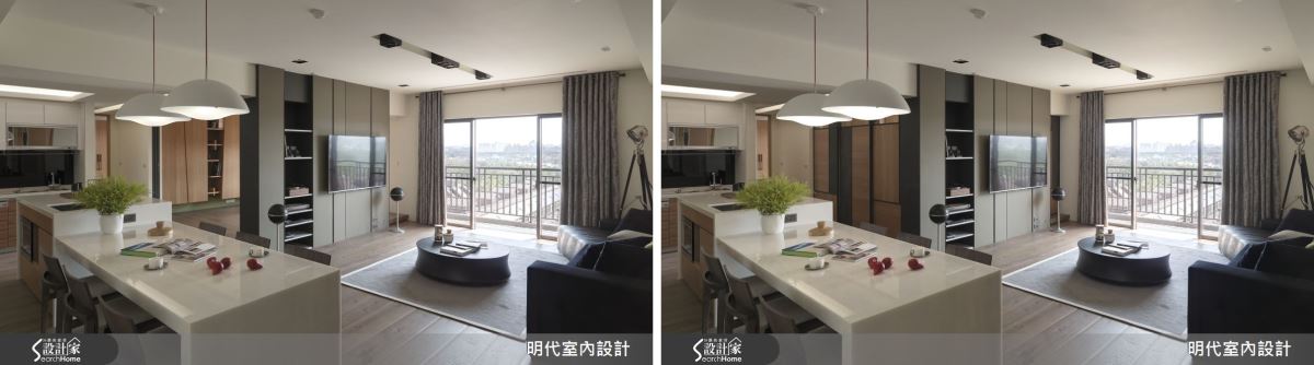 以推拉門創造出空間的彈性,不再需要為每個功能單獨佔用一個房間,同時實現空間的串聯及開闊性。而回字型動線為空間帶來舒適及便利性,同時也能串聯採光和通風,引入令人療癒的自然元素。