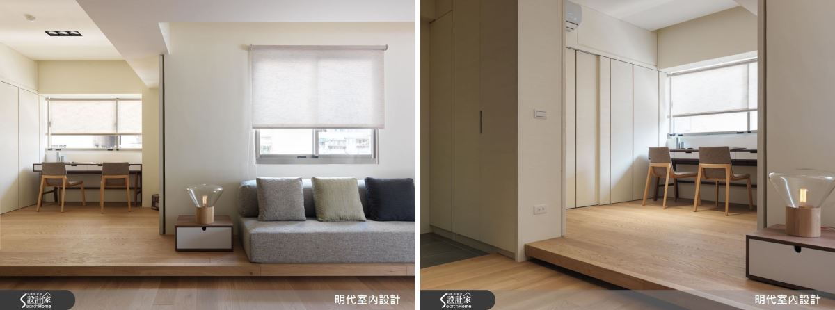 彈性空間則以架高地坪的手法,讓空間界定更加顯著,並加入推拉門設計塑造出空間的獨立、隱密性,關閉時可作為朋友造訪借宿的客房,也反映了人們對於多元化生活方式和工作方式的追求。