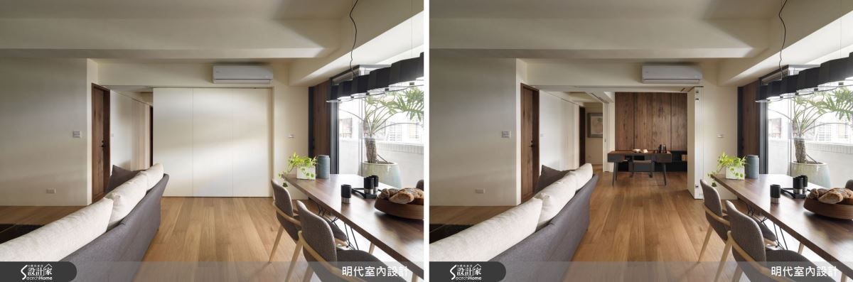 藉由推拉門創造出彈性空間,也讓做為主要機能的書房,有需要時可關上推拉門保有獨立隱私,保有空間的使用餘裕與機能性!