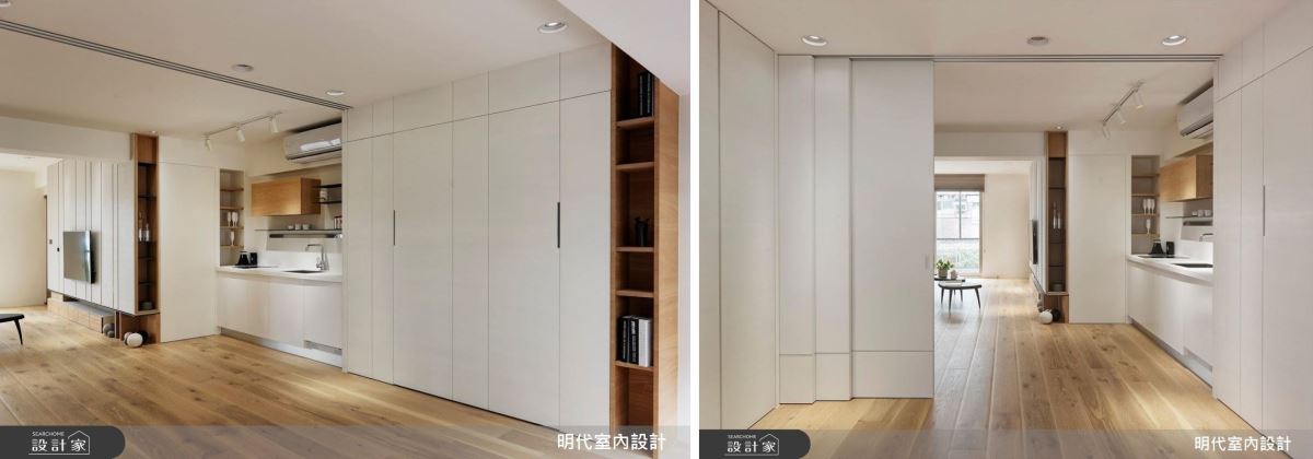 由於本案居住者少有烹飪需求,因此在規劃上,先釋放廚房隔間並將機能簡化,多餘場域讓渡給私領域的兩間臥房,客房則以彈性拉門圍塑,當屋主獨自在家時敞開便能享有開闊的,其次將原先的書房及主臥位置對調,讓窗外的綠意、景緻伴隨閱讀時光。