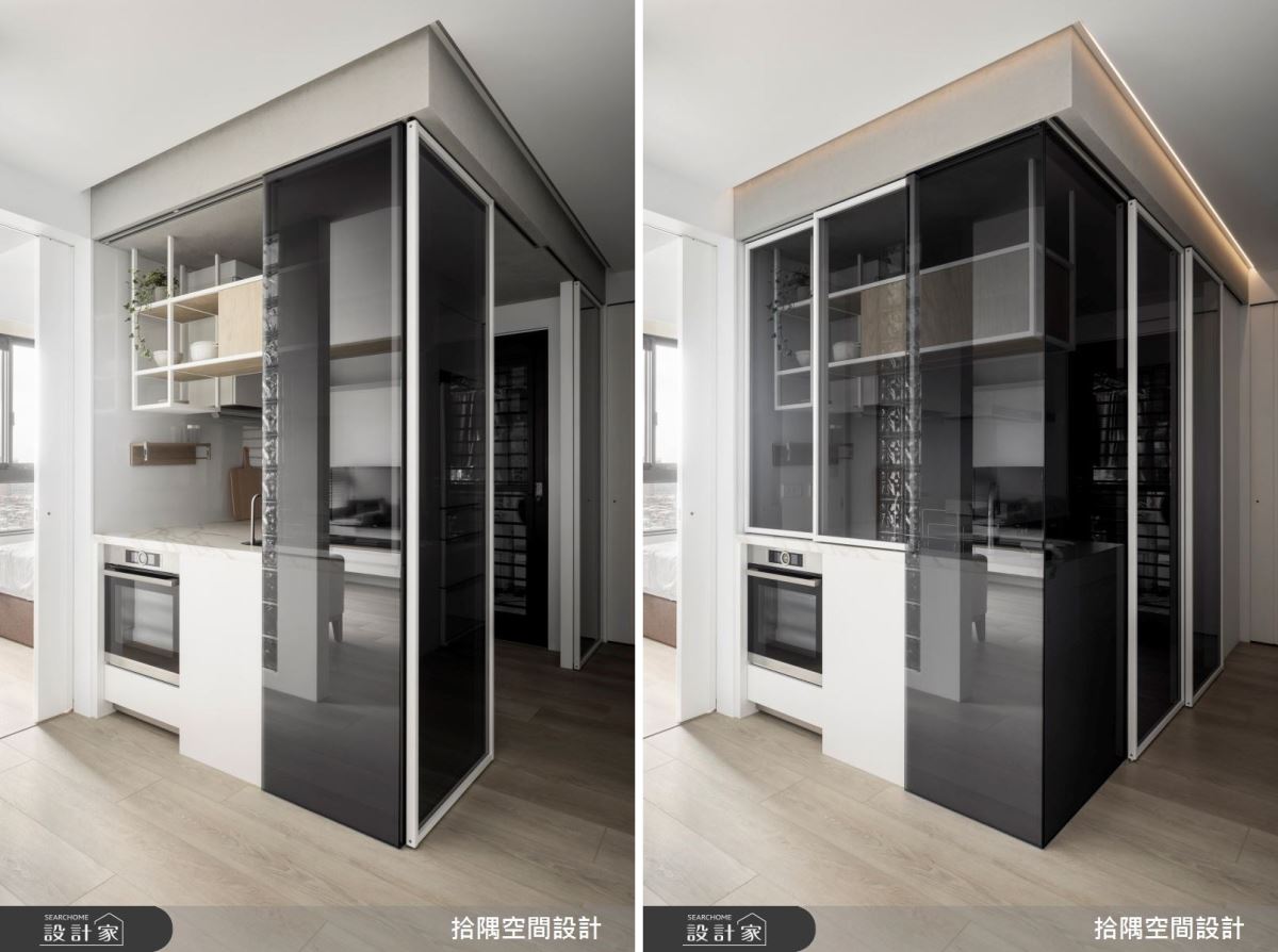 熱炒區為了阻擋油煙,設計師利用雙開式玻璃門,以保持視覺通透性。