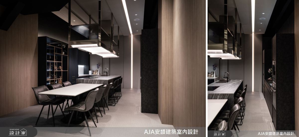 混凝土塗料的壁面帶出洗鍊簡約的都會質感,連結天與壁的光帶,使空間更有延伸感,同時增加金屬吊掛架上方空間的層次感。