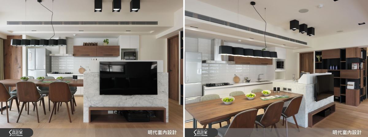 中島兼做電視牆使用，創造一物二用的多元機能之外，餐廚區域開放後帶來開闊感、舒適的通風和明亮光線，讓餐廚生活接近自然元素，療癒居住者的生活。