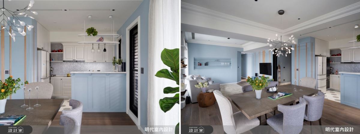 現在的住宅空間坪數偏小，開放廚房區域後，與客餐廳等公領域連結，有效開闊空間感，而中島吧台既能做為輕食台，也能定位及區隔空間。