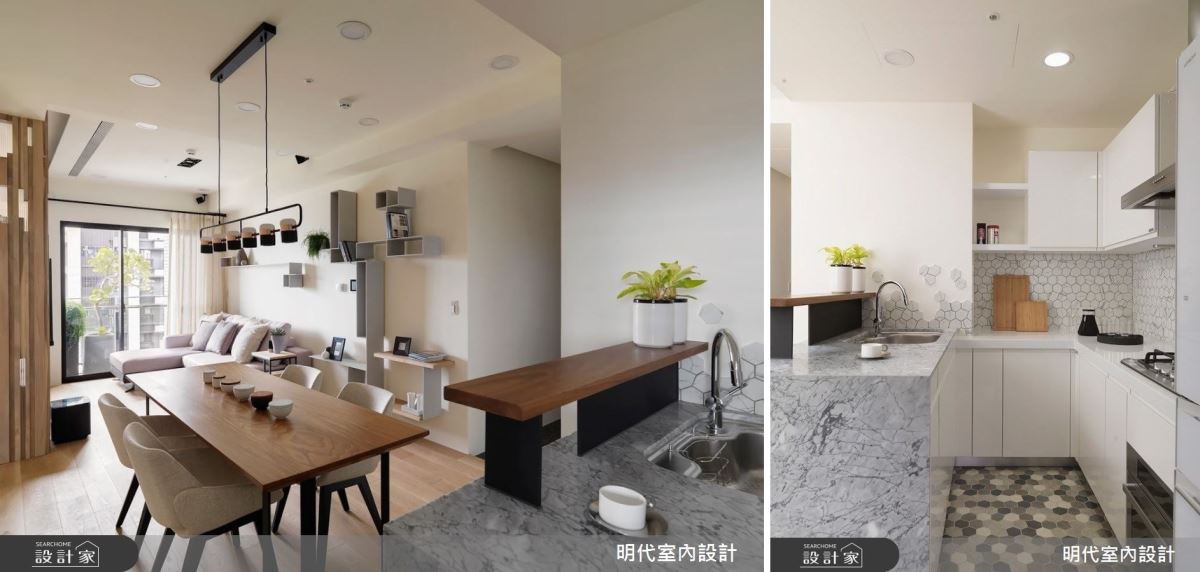 將原本的廚房隔間打開，內縮後規劃有面向公領域的小吧檯結合水槽，讓在廚房的使用者可以關注到全家人的動向，同時一邊進行料理；另外善用原本建築存在的結構柱，達到遮擋水槽、爐火的目的，化解開門見廚房的風水問題。