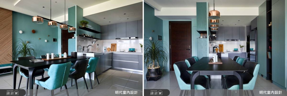 將廚房開放後，空間中每個角落都更為明亮，而玄關牆面兼具廚房流理台的雙面設計，減少坪數的浪費，同時也能透過整合型的設計手法，達到界定空間效果。