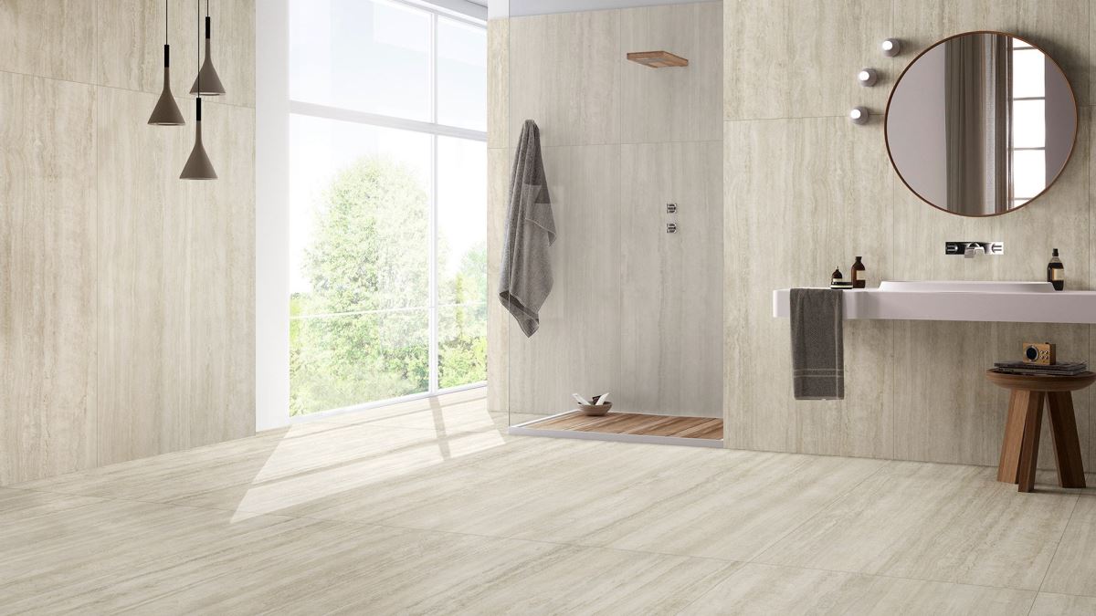 「原石新境」米白洞石,應用在餐廚、衛浴等處,以科技還原頂級洞石的紋理與特殊孔洞,挹注時尚典雅氛圍,展現自然意境之美。(米白洞石 GD918010)。3D 示意圖