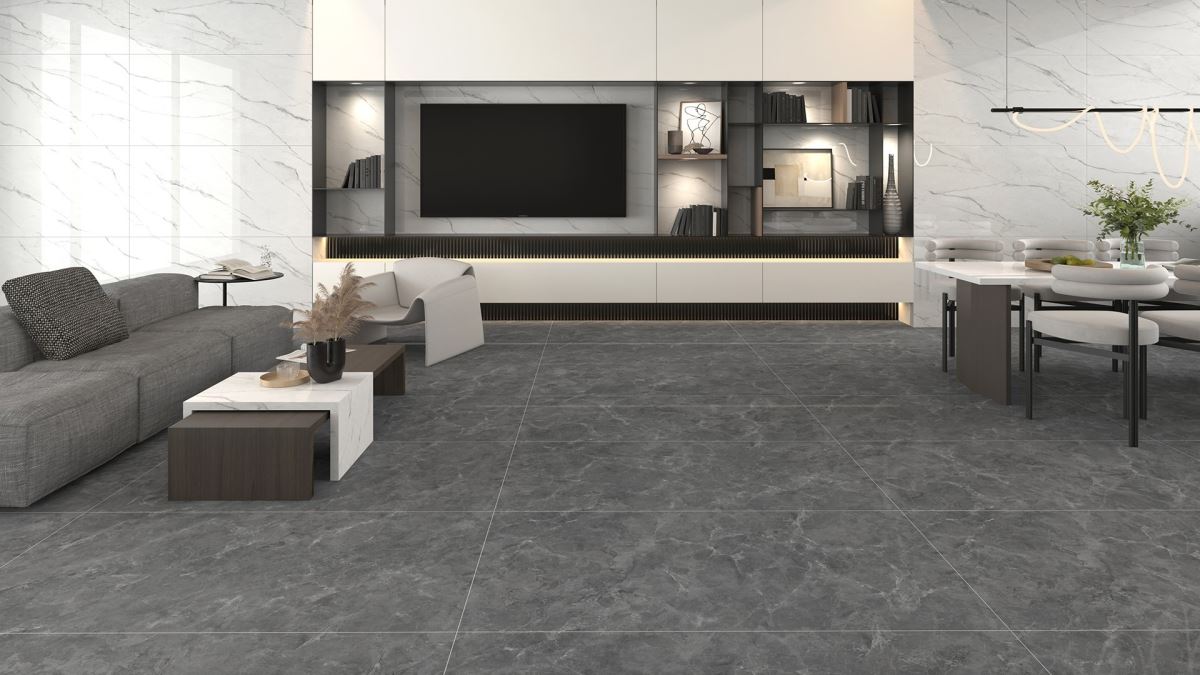 「原石新境」薩瓦灰搭配雪白銀狐牆面,細膩簡潔的線條,營造出簡約沉穩、時尚俐落的空間魅力。(薩瓦灰 GD918006、雪白銀狐 DA918001)。3D 示意圖