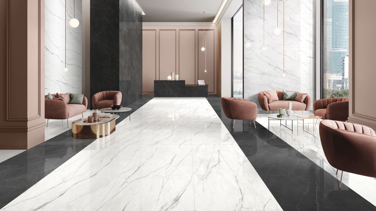 「原石新境」雪白銀狐,在開闊的大廳中,佈上乾淨、純粹、雪白的大理石紋理,優雅行走白色天地之間,高雅大方。(雪白銀狐 GD918001)3D 示意圖