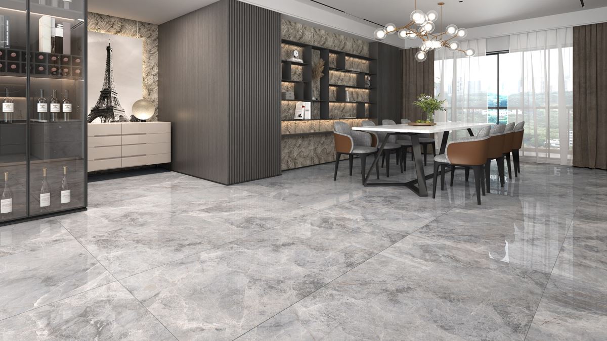 「原石新境」新帕斯高灰,灰白色石紋的有機結合,演繹出山脈蘊藏的深邃肌理,展現沉靜時尚與優雅大器。(新帕斯高灰 DA918005)3D 示意圖