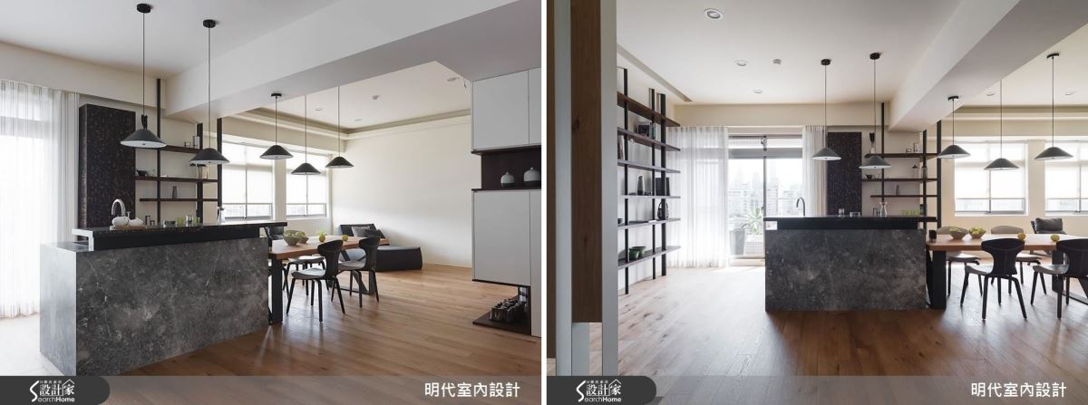 以中島和餐桌做為家的核心,並運用石材做為中島的主要建材,賦予穩定空間的氛圍,結合造型燈具錯落有致的排列,虛化大樑的存在,讓此處成為公領域的要角。