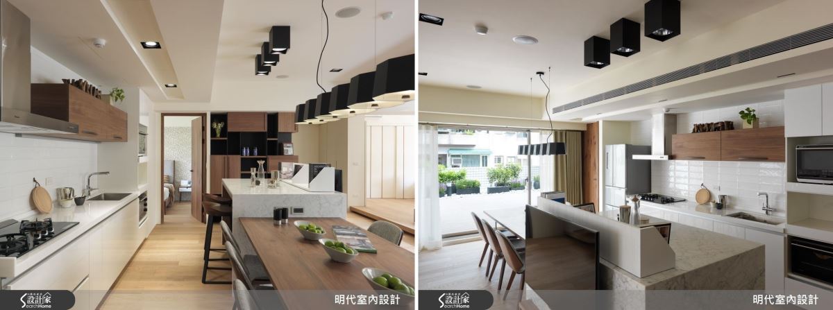 中島巧妙地結合電視牆,達到一物多用的目的,讓光線不被牆面阻隔,公共空間動線更有趣。選用大理石為建材,搭配木質的桌面,發揮材質本真,發揮自然宅的理念。