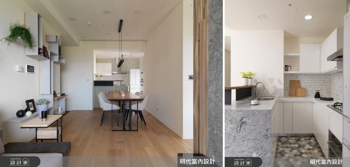 將封閉的廚房改為開放式,規劃有面向公領域的小吧檯結合水槽,讓廚房的使用者可以關注到全家人的動向,同時一邊進行料理;在材質的選擇上中島檯面使用大理石結合鐵件與木質,防潑濺區則貼上六角形磁磚,增加獨特的視覺效果。