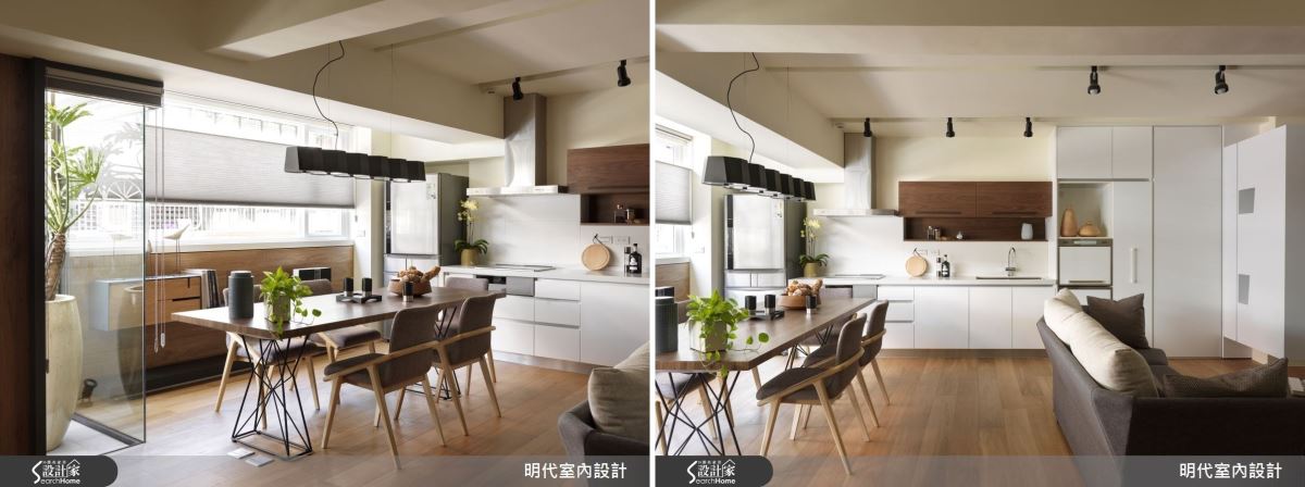 簡單的一字形廚房開放後,與餐桌形成 T 字型,同時增設窗邊閱讀區,使餐廳兼具吃飯、閱讀、聚會等多種主題,更促使使用動線更為便利,也更增加家人的凝聚力。