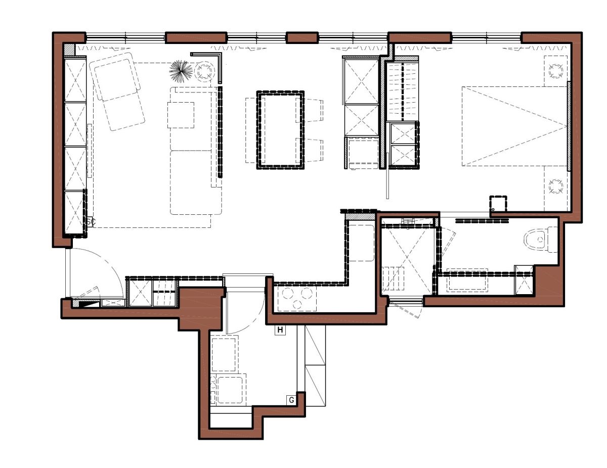 粗虛線為扶手規劃位置。（圖片提供_演拓空間室內設計）