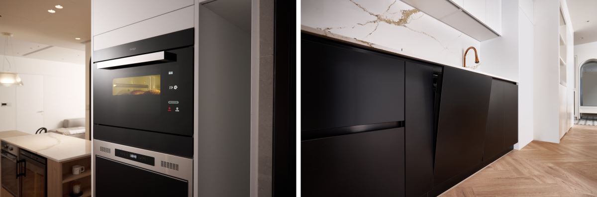 搭配黑色鏡面的時尚家電設計,簡約與俐落的身形,完美融入法式美廚空間裡。