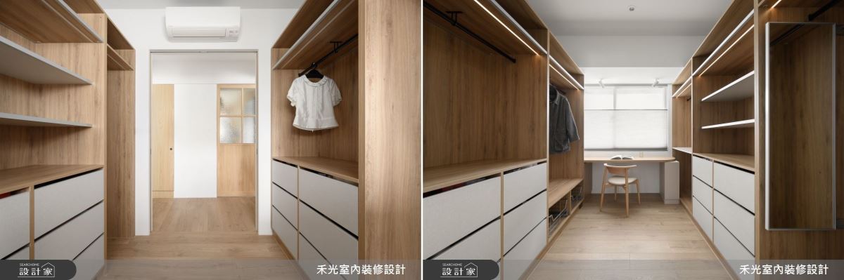 更衣室設計雙一字型的衣櫃,讓屋主兩人擁有各自獨立的衣櫃,保留採光好的中間位置給梳妝台,保有完善的空間。