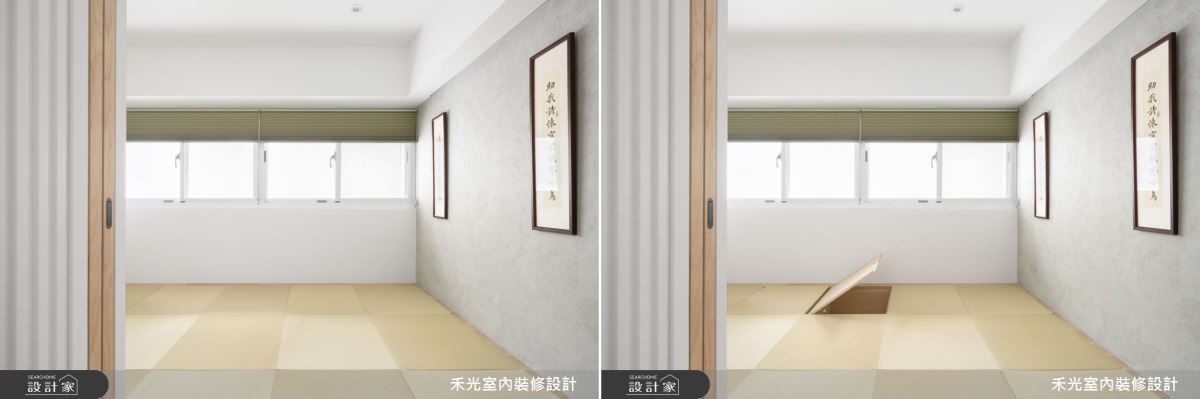 日式和室選用上掀式榻榻米鋪陳,傳遞禪風的語彙,同時隱藏大量的收納機能,保持上方的清爽視野。
