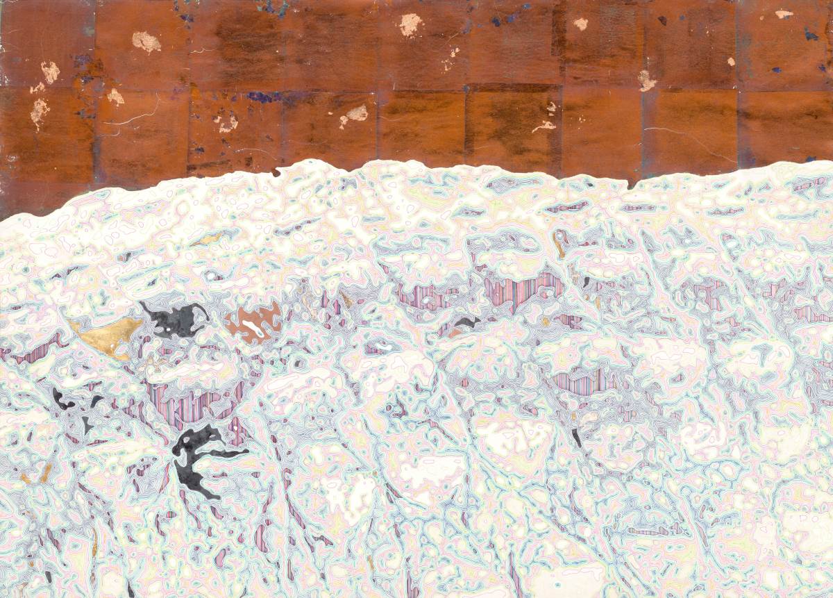 日帝藝術_王昱翔_《如果你想說，我會聽》_原子筆、金箔、銀箔、銅箔、黑箔、赤貝箔、紙本_78ｘ110 cm_2023