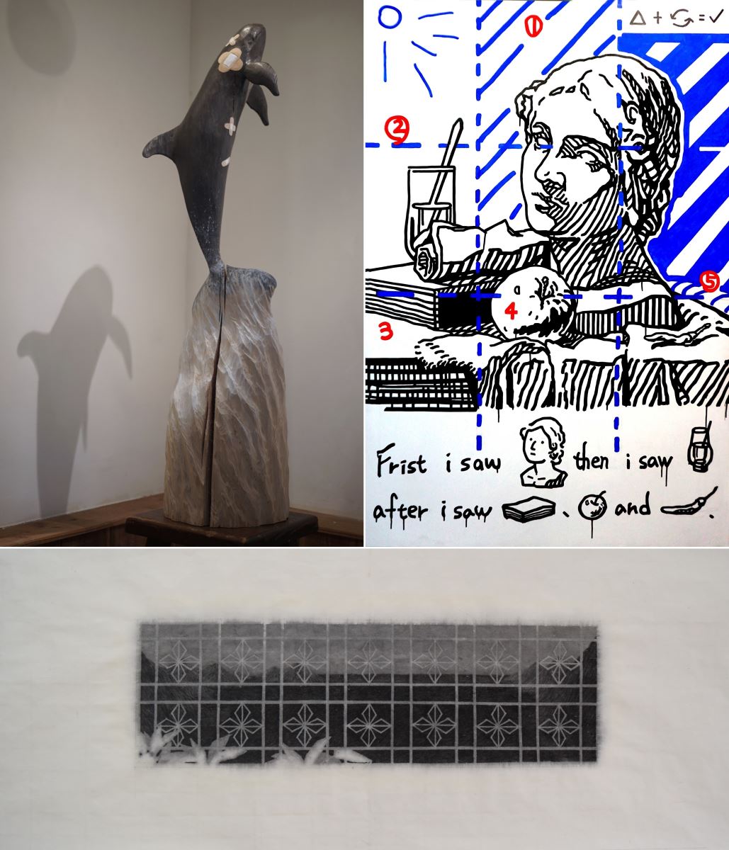 左上_澍林_張意_《Be OK》_木材、植物漆、生漆_30 x 21 x 101 cm_2023，右上_EQUAL = 等號™︎ ©_傅琬婷_《優良的靜物畫 - 石膏像與靜物》_壓克力、畫布_97ｘ145 cm_2023，下方_觀止堂_蔡旻芸_《像日常一樣Ⅲ》_水墨紙本_25 x 56 cm_2022