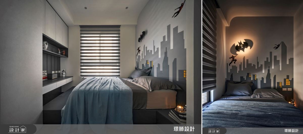 男孩房以黑白色調打造個性化的空間,搭配上床頭牆上手繪卡通藝術壁畫與燈飾,營造童趣感。