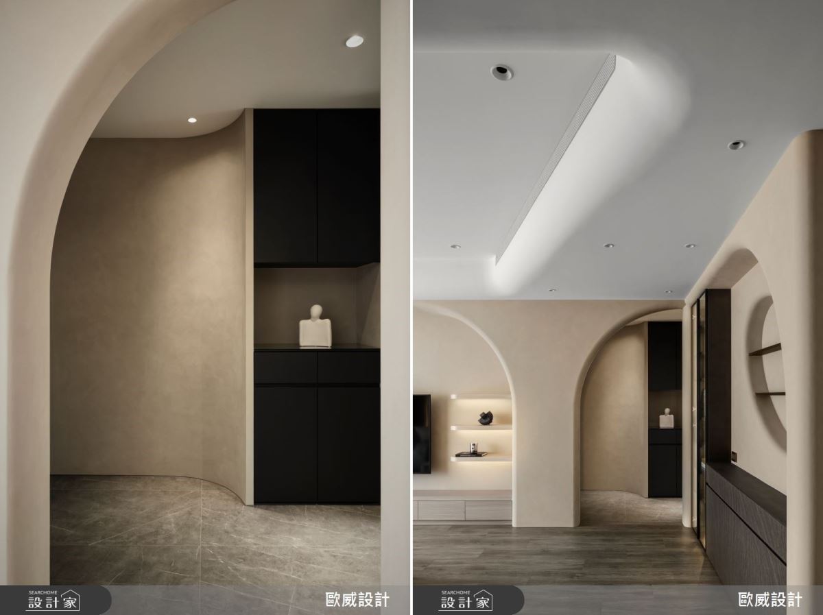 位移大門位置同時改變開門方向,除了保留完整的電視牆,另闢出玄關空間,加強空間的完整性與動線順暢,以磁磚與木質地界區分地界,無障礙設計,十分安全。