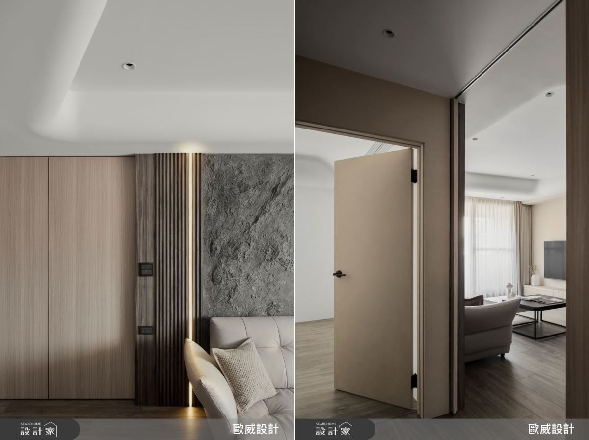 沙發背牆旁的隱藏門劃分公私領域,同時運用天然材質的層次與線條提升空間質感。