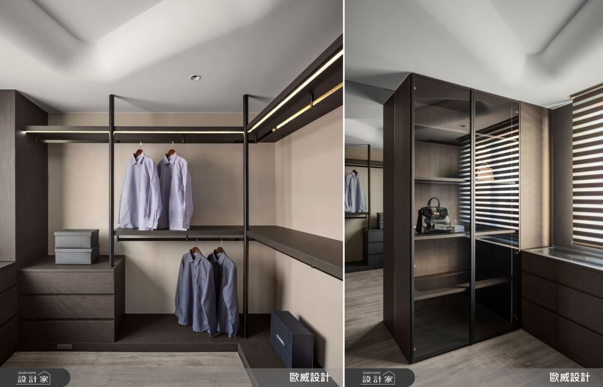 獨立更衣間配置完整設有開放式吊衣空間、雙面透明展示層櫃、落地收納,大量強化收納機能。