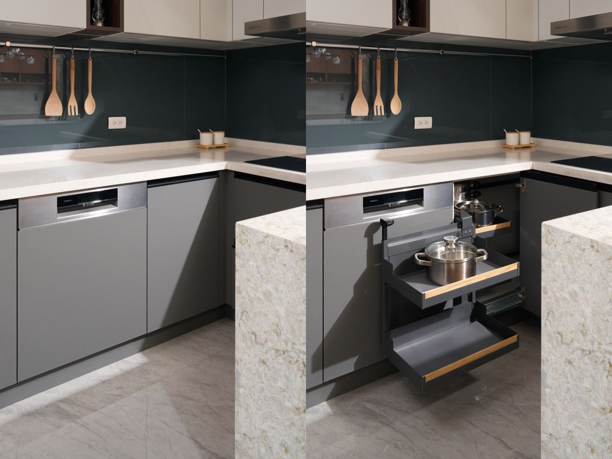 轉角畸零處搭配PEKA 轉角全展式盤籃地櫃,更便利轉角收納拿取。