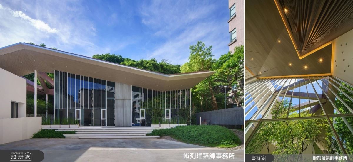 (左)術刻建築師事務所在畸零空間上放置一只「屋棚」,表現出佔地寬闊齊整的視覺效果。(右)散置燈光創造出在森林中仰望星空般的氛圍。