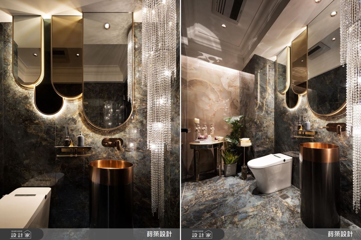 客衛浴更是將材質的運用發揮地淋漓盡致，4 個圓弧鏡面，包含明鏡、茶鏡、灰鏡，再用金邊包覆搭配崁燈及水晶主燈，突顯講究華麗極致的設計原則，一目瞭然材質的對比性，也能幫助屋主對於材料的選擇。