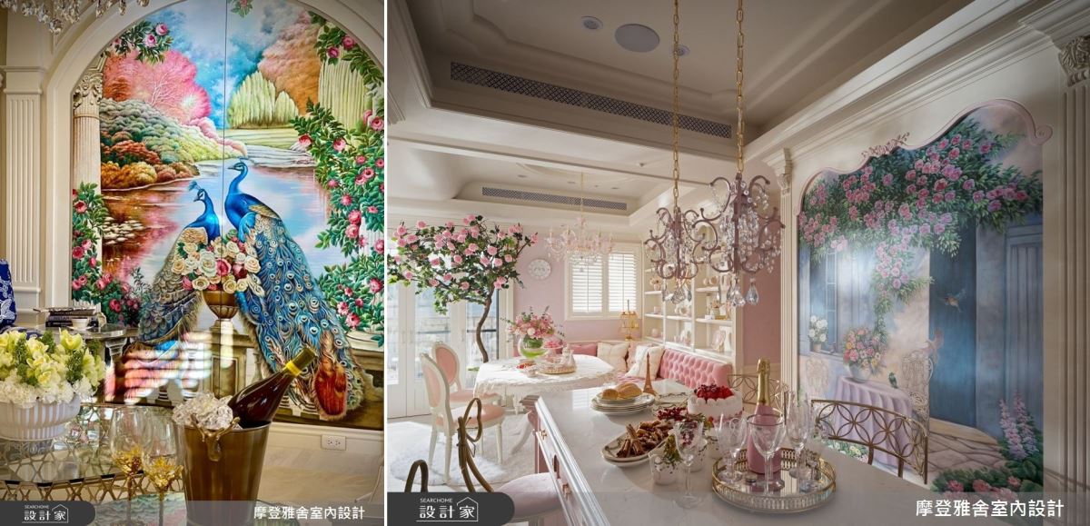 除了抹除大樑橫亙的風水禁忌，設計師更錦上添花，為客廳及廚房壁面量身訂製了充滿祝福寓意的純手工壁畫。成雙成對的孔雀象徵幸福與吉祥、繁盛的玫瑰則有助增添貴人運。