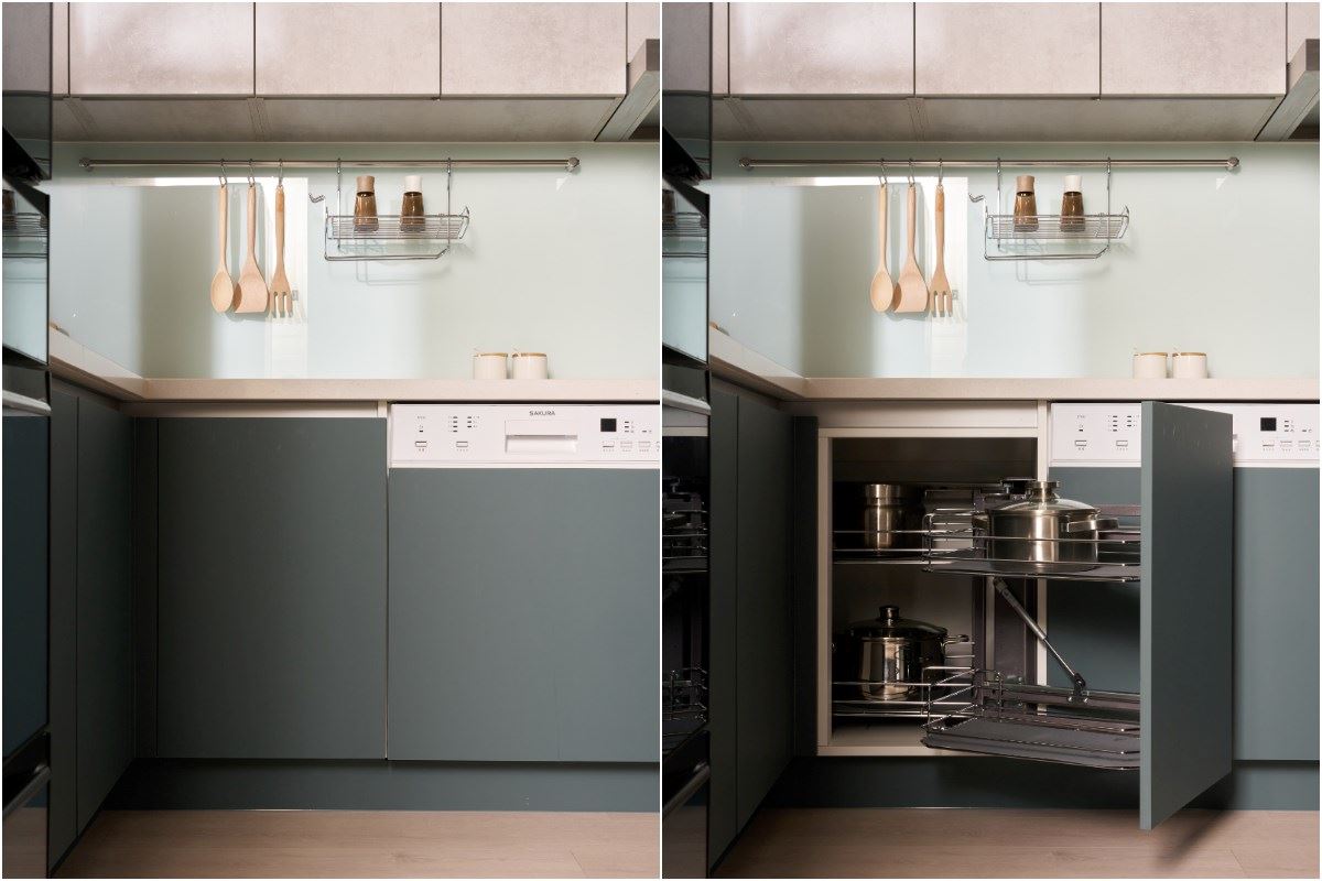 SAKURA KITCHEN 的轉角連桿功能地櫃,發揮尷尬角落的收納奇效。