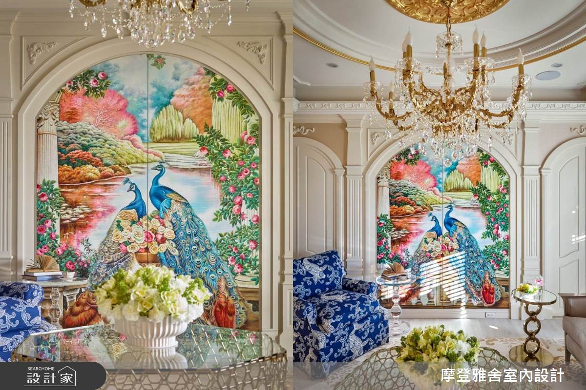 遠觀看似為設計師手繪端景拱牆,實則為隱藏式美型收納,巧妙放置在過道拱門之間,成為公領域的視覺中心。