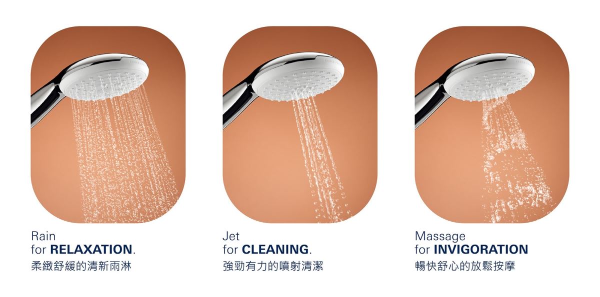 GROHE Tempesta 110 提供圓形和方形兩種款式選擇,直徑 110 mm,並有兩段式、三段式功能切換選項,可做手持花灑使用,並配有防摔矽膠環,安全暢享淋浴時光。 ( 照片來源_楠弘集團提供 )