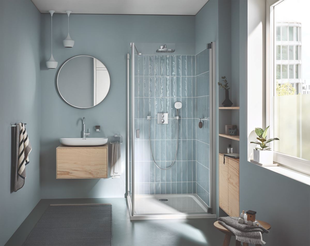 GROHE 蓮蓬頭搭配定溫淋浴花灑,小宅也能享受飯店等級的舒適淋浴。 ( 照片來源_楠弘集團提供 )